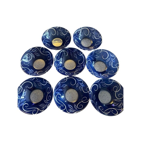 Arcoroc France Salad Bowls Tempered Glass Cobalt Blue Vines Leaves 6.5” Set 8 - Picture 1 of 10